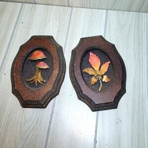 Vintage 70s Copper Wood Wall Plaques with Leaf and Mushroom Design Pictures